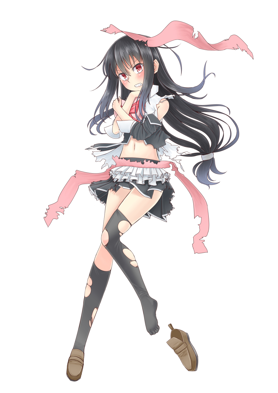 1girl, bare_shoulders, black_hair, black_legwear, blazer, clenched_teeth, hatsushimo_(kantai_collection), heart_box
