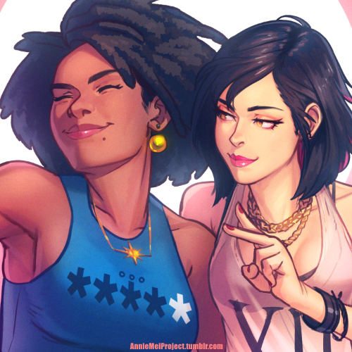2girls, annie_mei_project, big_hair, black_hair, bracelet, breasts, caleb_thomas, casual