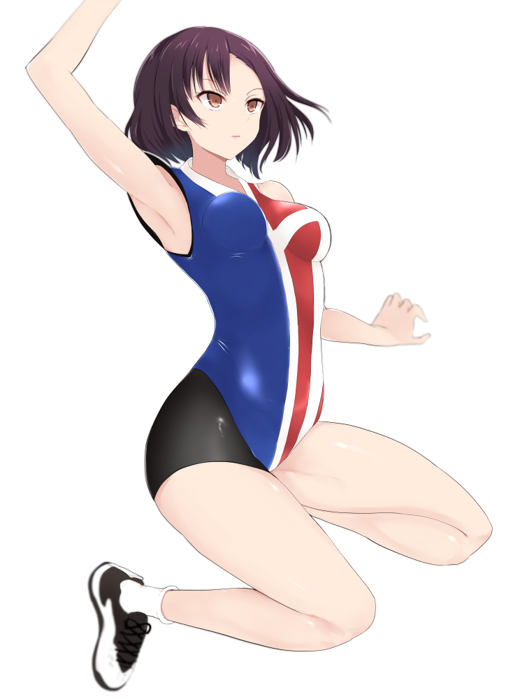 1girl, arm_up, armpits, bad_feet, breasts, brown_eyes, brown_hair, hanebado!