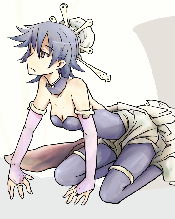 1girl, all_fours, bare_back, breasts, bridal_gauntlets, cleavage, fushigi_no_dungeon, hair_bun, oryuu, purple_clothes, purple_hair, shiren_the_wanderer, short_hair, skin_tight, strapless