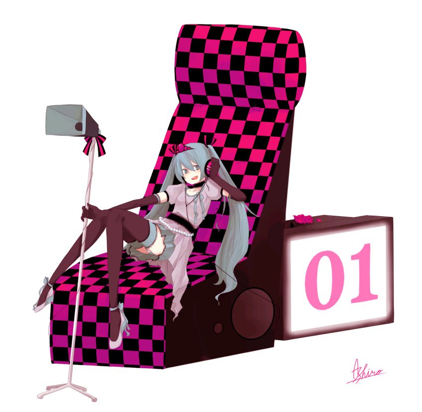 blue_hair, checkered, crown, dress, elbow_gloves, espadrilles, flower, gloves, hagiwara_hatoba, hair_ribbon, hand_on_headphones, hatsune_miku, headphones, highres, koi_wa_sensou_(vocaloid), long_hair, megaphone, panties, pantyshot, ribbon, rose, shoes, sitting, thigh-highs, thighhighs, twintails, underwear, vocaloid, world_is_mine_(vocaloid), zettai_ryouiki