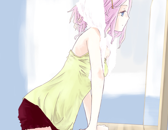 alternate_hairstyle, arm_support, bad_id, blue_eyes, casual, hair_ornament, hairclip, karasuma, megurine_luka, mirror, pink_hair, profile, sansou, solo, towel, towel_on_head, vocaloid