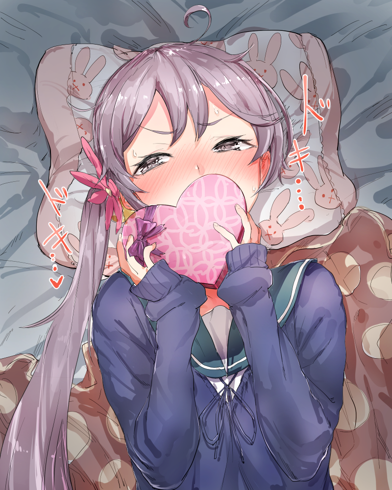 1girl, :x, akebono_(kantai_collection), bell, blanket, blue_sweater, blush, bunny_print