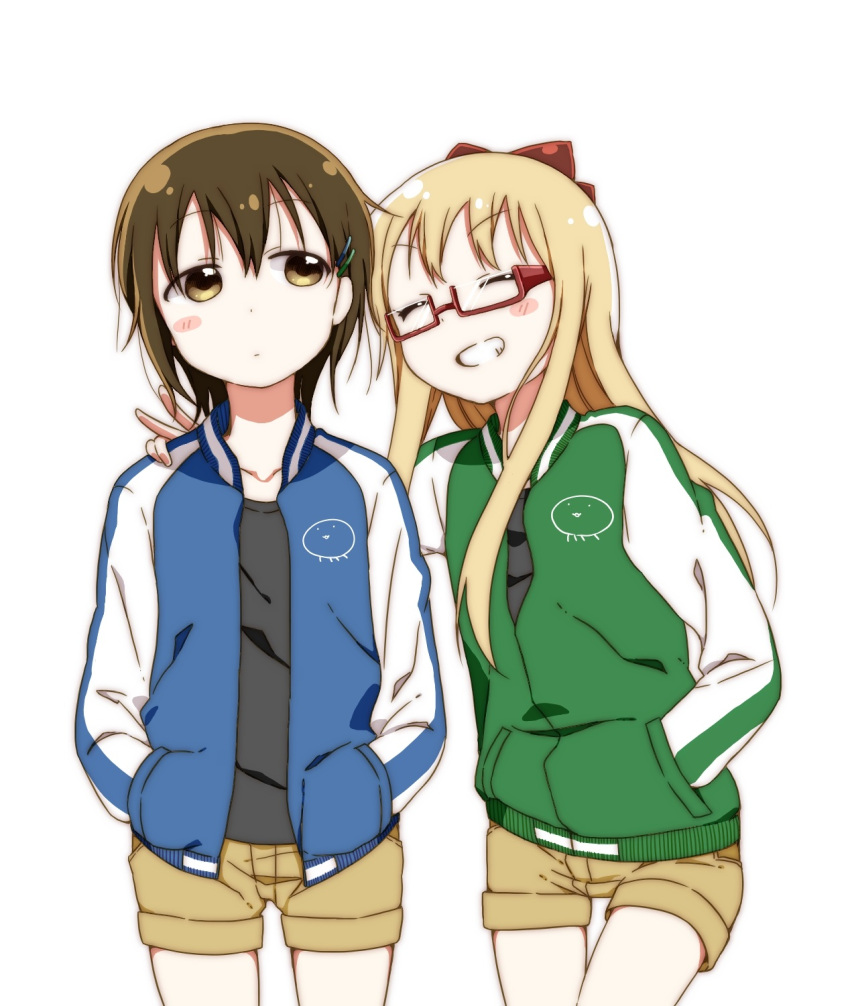 >_<, 2girls, :d, bespectacled, blonde_hair, brown_eyes, brown_hair, casual