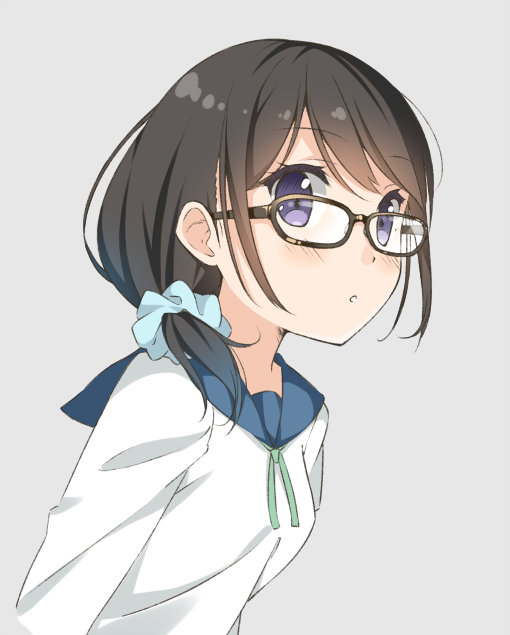 1girl, :o, black_hair, blue_eyes, blush, glasses, hair_ornament, looking_at_viewer
