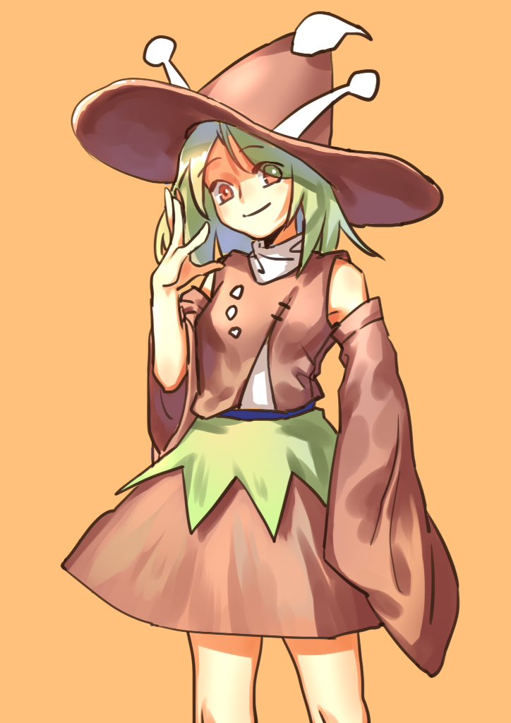 amanomori_shou, antennae, boots, detached_sleeves, dress, green_hair, hat, len'en