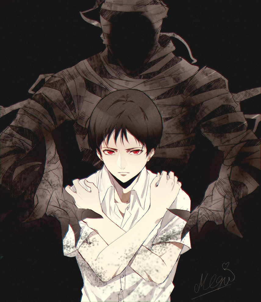 1boy, ajin_(sakurai_gamon), black_hair, koitsu_(blue), nagai_kei, red_eyes, school_uniform, short_hair