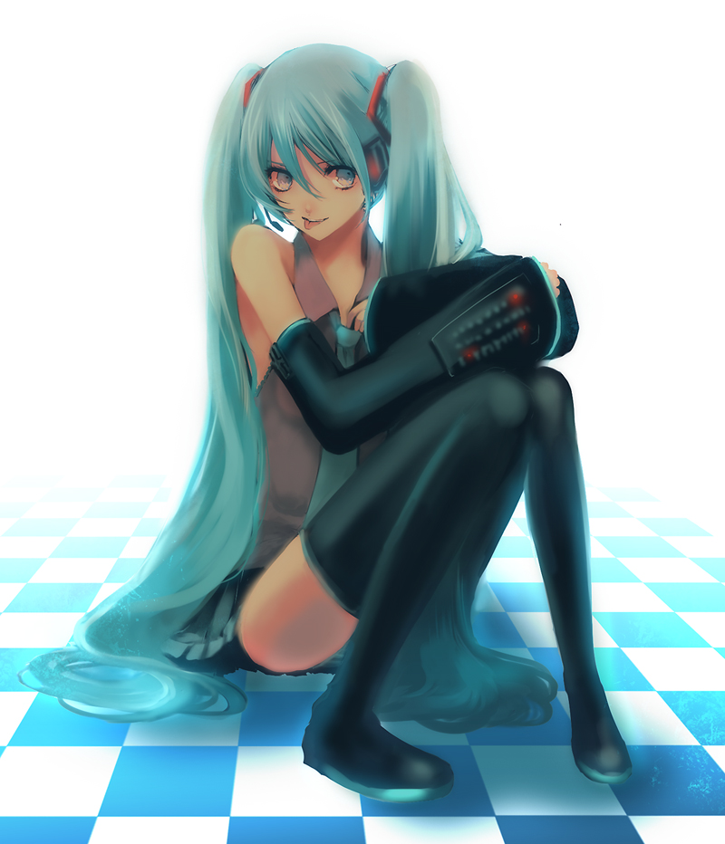 aqua_hair, checkered, detached_sleeves, hatsune_miku, headphones, headset, long_hair, naughty_face, necktie, panties, pantyshot, sitting, smile, thigh-highs, thighhighs, tongue, twintails, underwear, uno_(artist), uno_(colorbox), very_long_hair, vocaloid, zettai_ryouiki