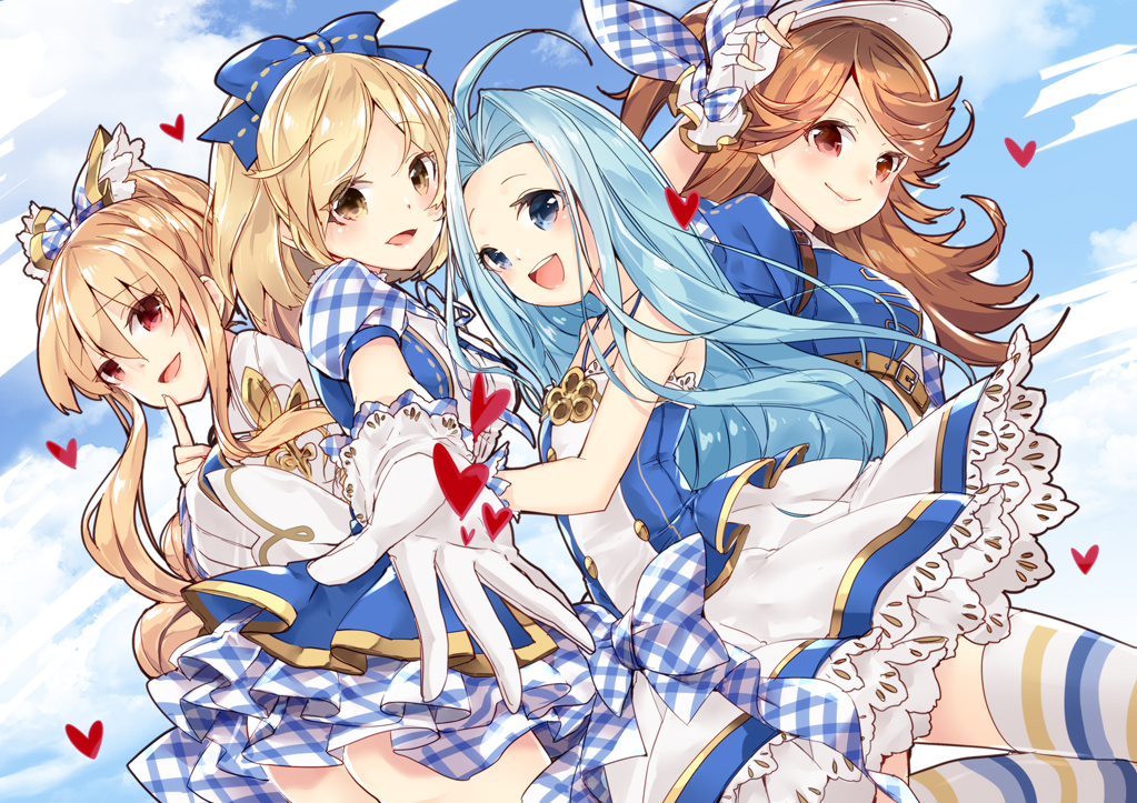 218, 4girls, ahoge, bare_shoulders, blonde_hair, blue_eyes, blue_hair, blush