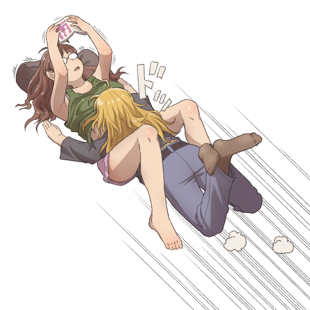 ahoge, akizuki_ritsuko, antenna_hair, arms_up, bare_shoulders, barefoot, belt, blonde_hair