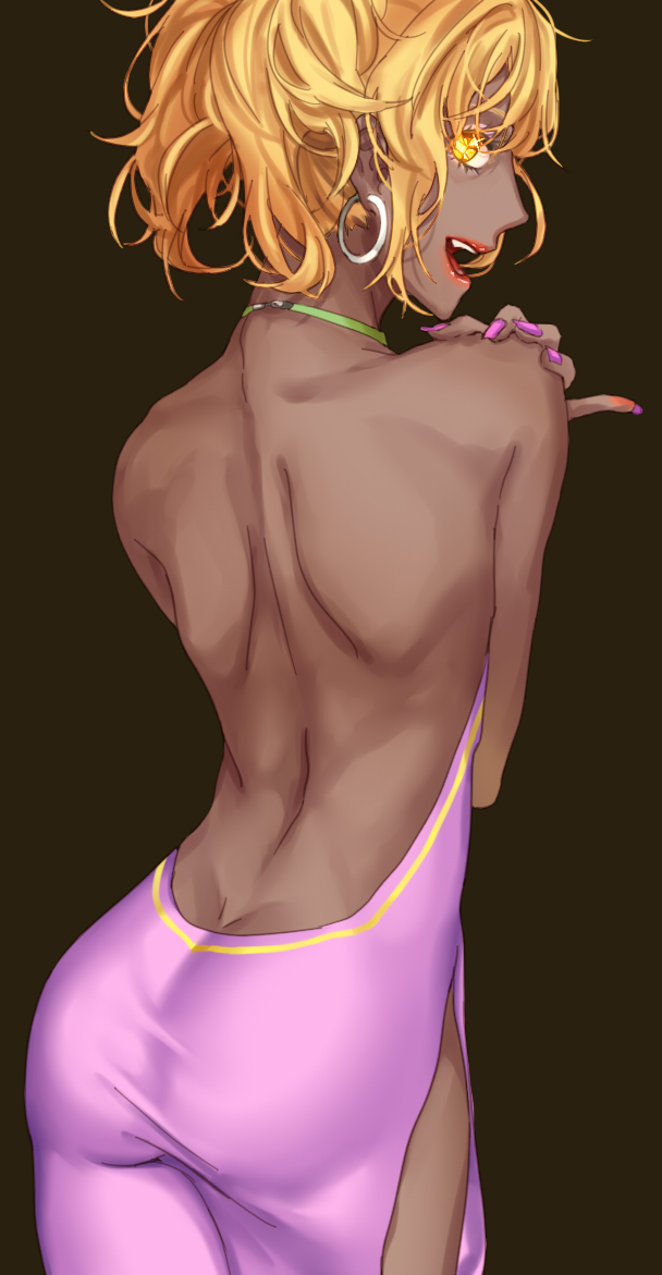 1girl, alternate_costume, blonde_hair, c_piao_jun, dark_skin, eyelashes, formal, glowing