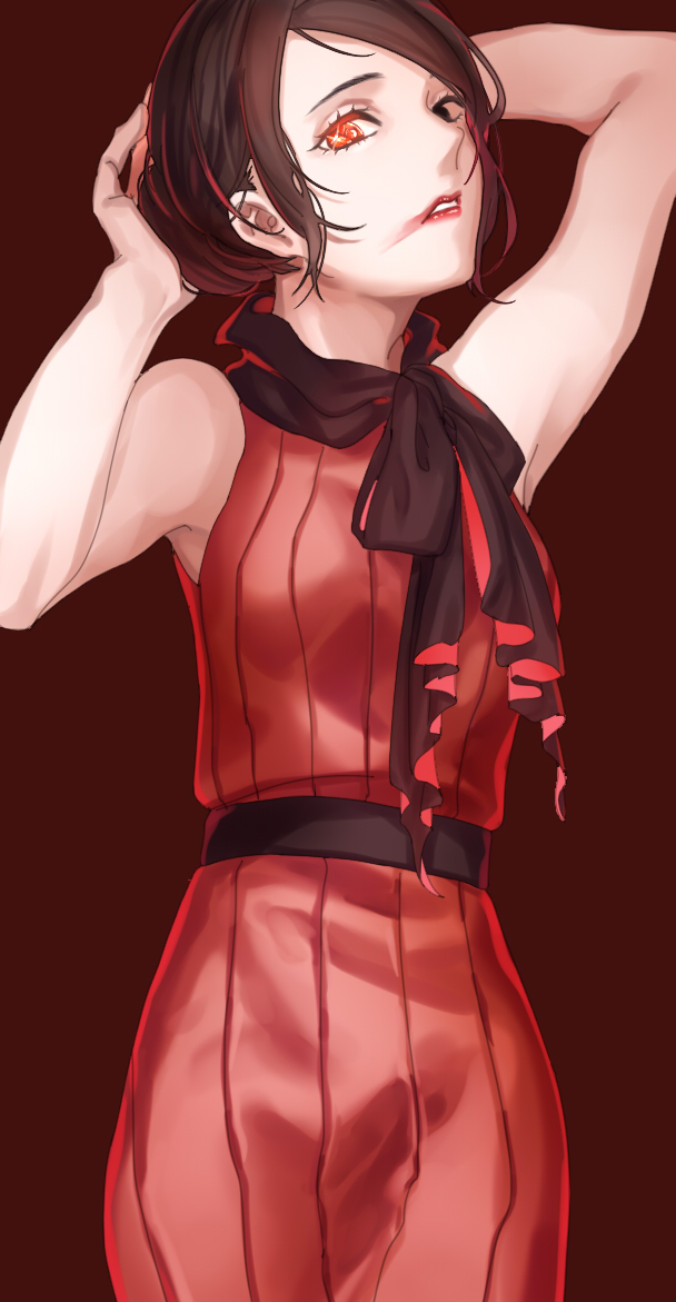 1girl, adjusting_hair, alternate_costume, brown_hair, c_piao_jun, dress, eyelashes, formal