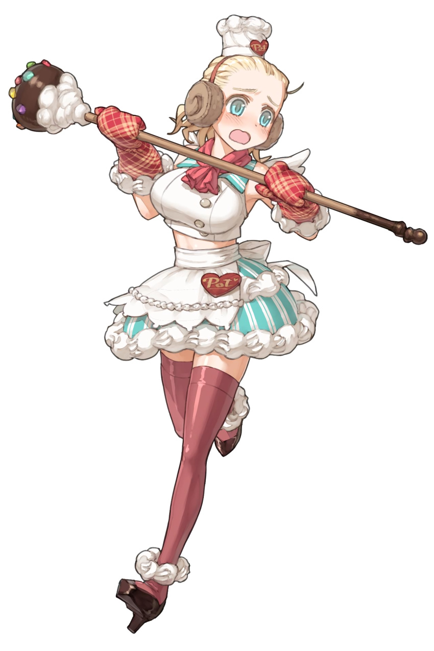 1girl, aqua_eyes, blonde_hair, blush, breasts, cane, character_request, chef_hat