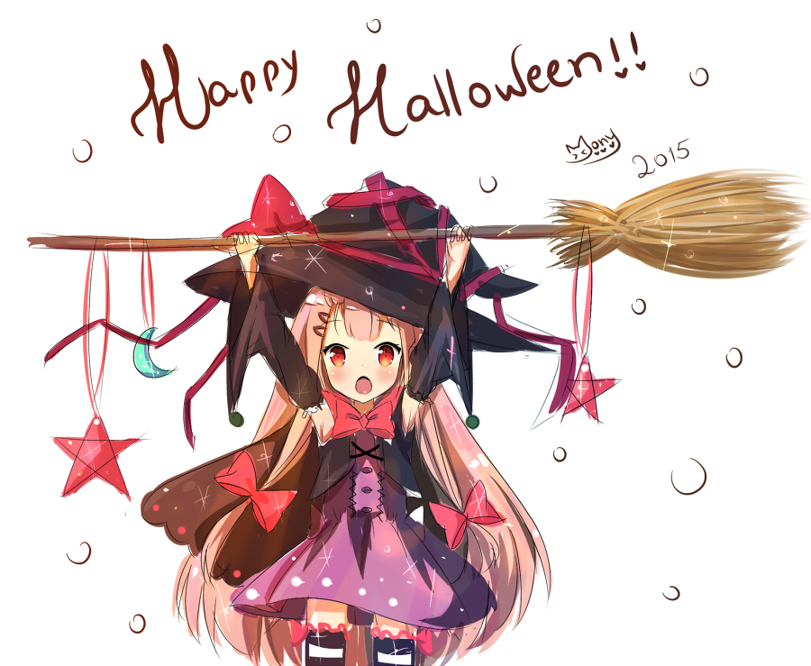 1girl, :o, arms_up, black_hat, bow, broom, child, dress, hair_ribbon, halloween, hat, long_hair, mony, open_mouth, original, pink_hair, purple_dress, red_eyes, ribbon, solo, white_background, witch_hat