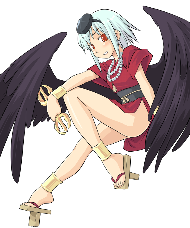 anklet, bad_id, black_wings, blue_hair, feet, flying, geta, hat