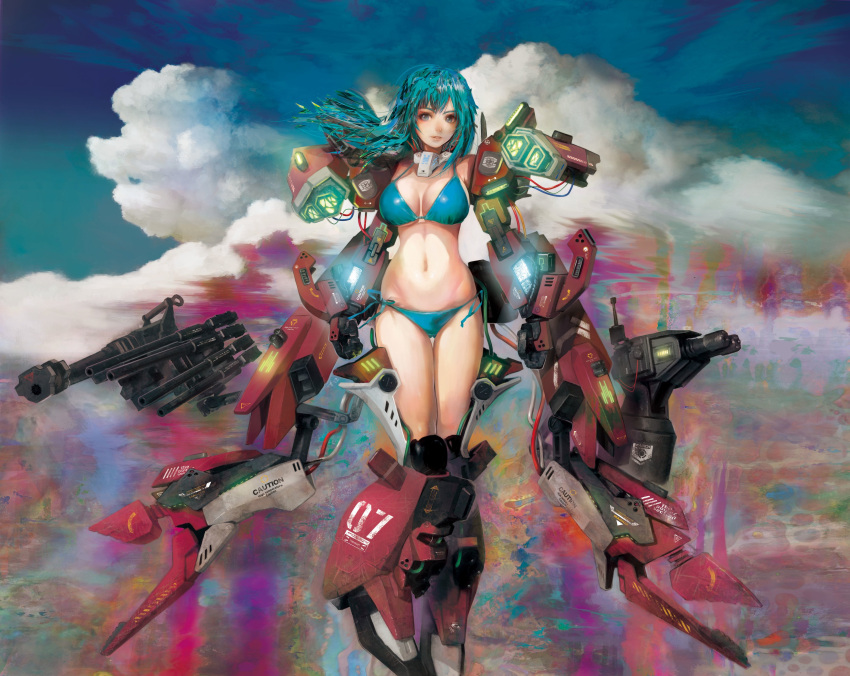 1girl, absurdres, bikini, blue_eyes, blue_hair, breasts, cleavage, gun