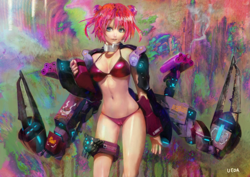 1girl, bikini, blue_eyes, breasts, cleavage, gun, looking_at_viewer, mecha