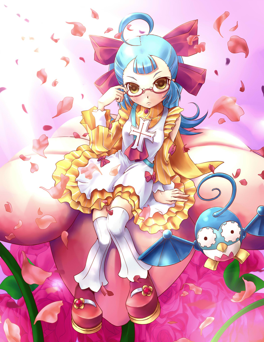 1girl, absurdres, ahoge, bird, blue_hair, cross, dress, flower