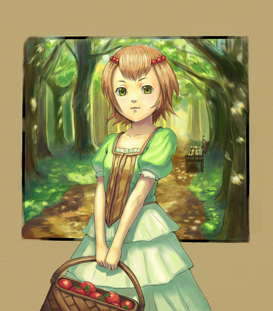 brown_hair, child, dress, flick_(artist), green_eyes, original, painting, short_hair