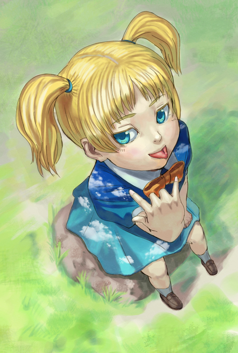 \m/, \n/, blue_eyes, bow, child, dress, flick_(artist), from_above