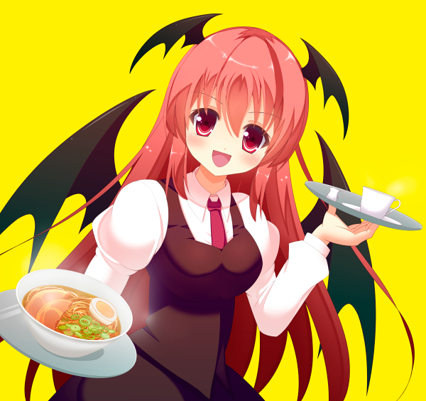 15_(tooka), 1girl, blush, coffee_cup, demon_wings, food, head_wings, koakuma, long_hair, necktie, noodles, open_mouth, ramen, red_eyes, redhead, solo, touhou, tray, wings, yellow_eyes