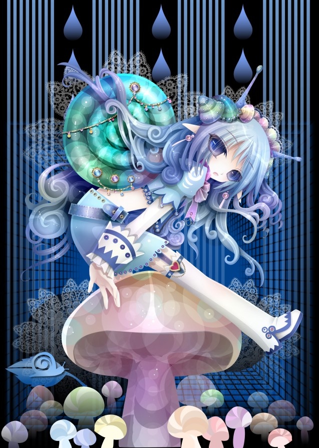 antenna, bad_id, belt, blue_eyes, blue_hair, curly_hair, long_hair, mushroom