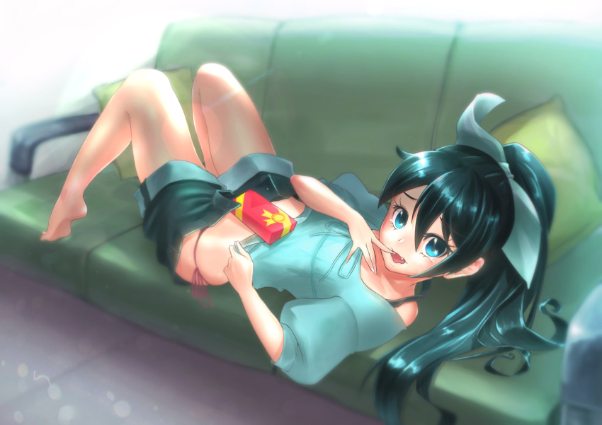 1girl, absurdres, akimoto_janome, barefoot, black_hair, blue_eyes, blue_shirt, bow, box, bra_strap, couch, cushion, eyelashes, fang, finger_to_mouth, from_side, ganaha_hibiki, gift, gift_box, hair_bow, hair_ribbon, highres, idolmaster, knees_up, legs, long_hair, looking_at_viewer, looking_back, lying, midriff, off_shoulder, on_back, on_couch, open_fly, open_mouth, panties, ponytail, puffy_sleeves, red_panties, ribbon, shirt, short_sleeves, shorts, side-tie_panties, solo, tears, unbuttoned, underwear, wavy_mouth