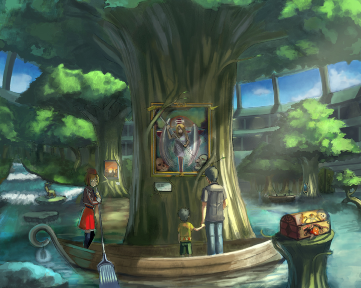 flick_(artist), gondola, museum, original, painting, river, skirt, thigh-highs