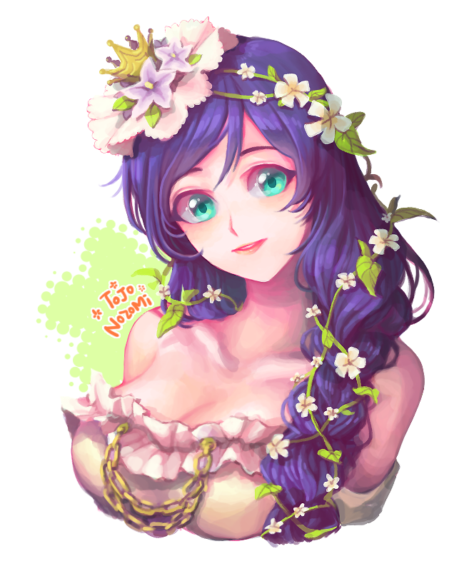 1girl, aqua_eyes, braid, breasts, chain, character_name, cleavage, collarbone, crown, dress, flower, hair_flower, hair_ornament, halftone, large_breasts, love_live!_school_idol_project, mini_crown, mu_kougai, purple_hair, red_lips, solo, strapless, strapless_dress, toujou_nozomi, upper_body