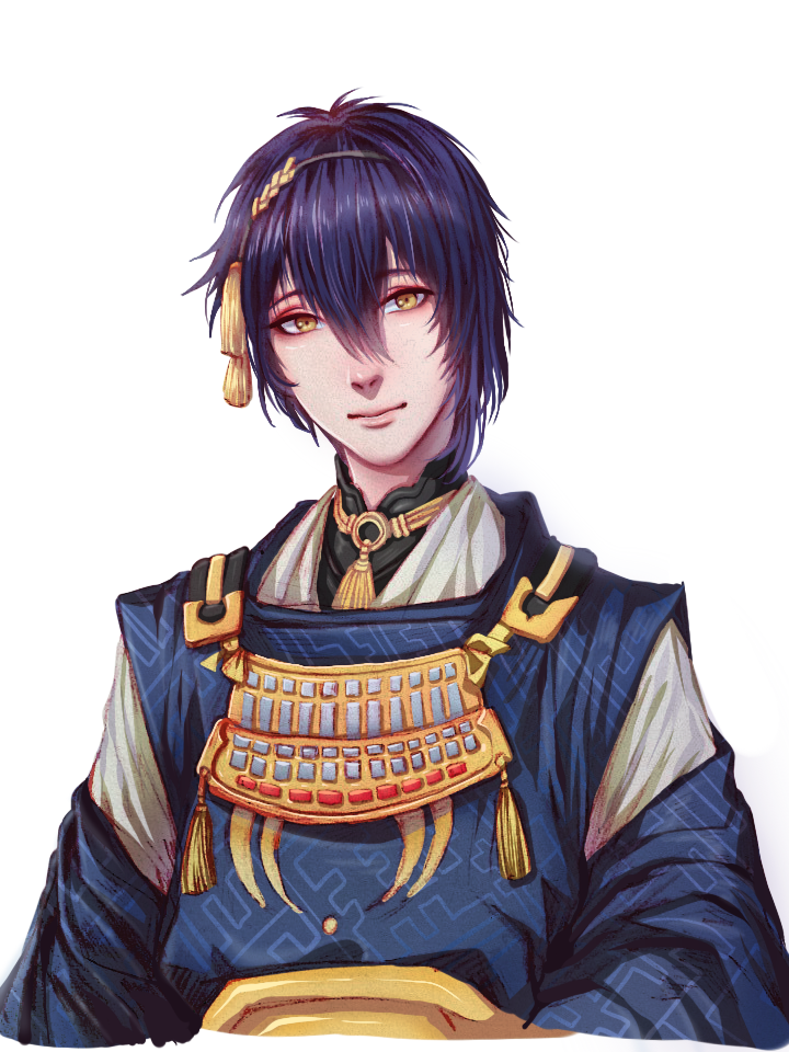 1boy, hair_ornament, japanese_clothes, male_focus, mikazuki_munechika, mu_kougai, purple_hair, sayagata
