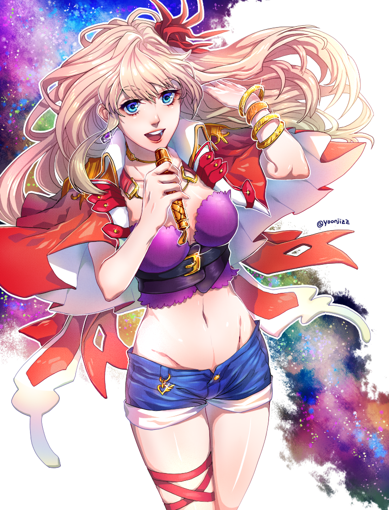 belt, blonde_hair, blue_eyes, breasts, choker, cleavage, crop_top, earrings, eyelashes, flower, groin, hair_flower, hair_ornament, jewelry, long_hair, macross, macross_frontier, macross_frontier:_itsuwari_no_utahime, microphone, midriff, mu_kougai, navel, open_mouth, outline, red_lips, round_teeth, sheryl_nome, short_shorts, shorts, smile, sparkle, teeth, tongue, twitter_username, wrist_cuffs