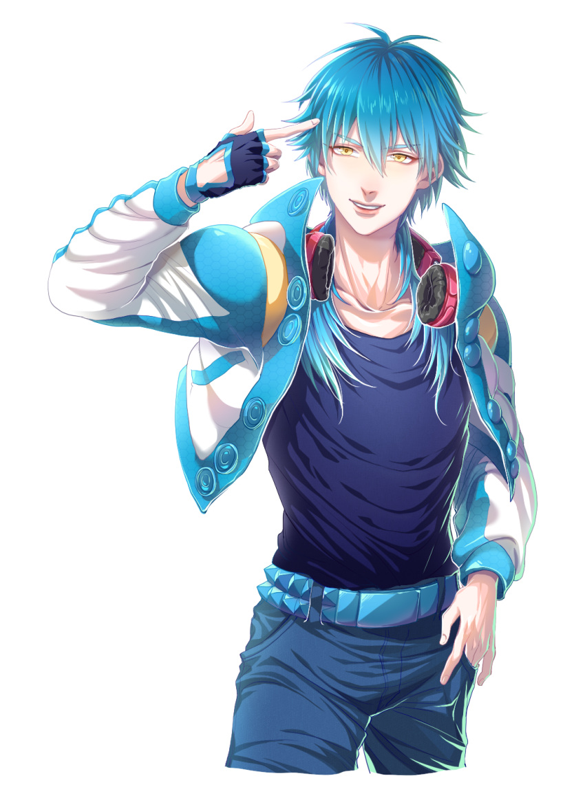 1boy, blue_hair, collarbone, cowboy_shot, dramatical_murder, finger_gun, fingerless_gloves, gloves, hand_in_pocket, headphones, headphones_around_neck, highres, jacket, long_hair, long_neck, male_focus, mu_kougai, seragaki_aoba, shirt, smile, solo, yellow_eyes