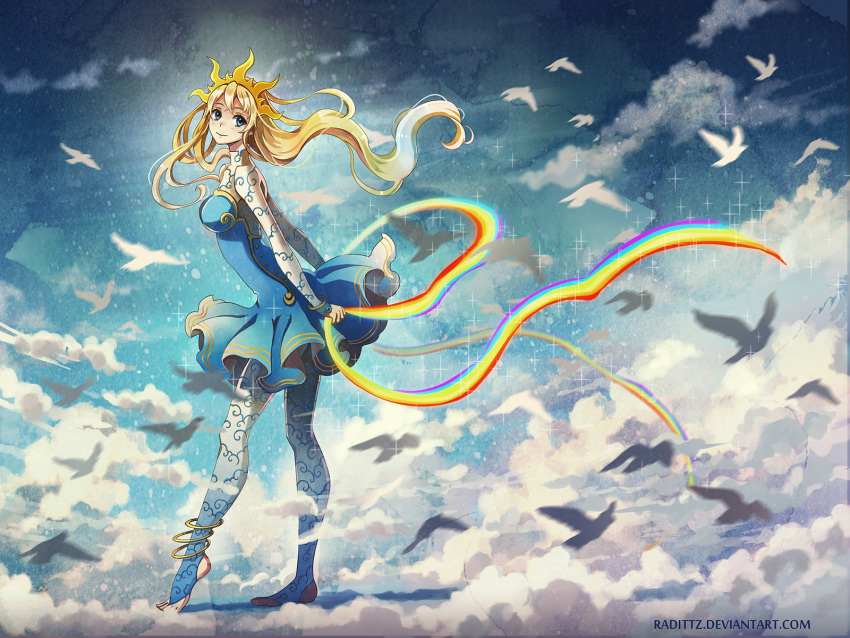 1girl, animal, anklet, artist_name, bird, blonde_hair, blue_dress, blue_eyes