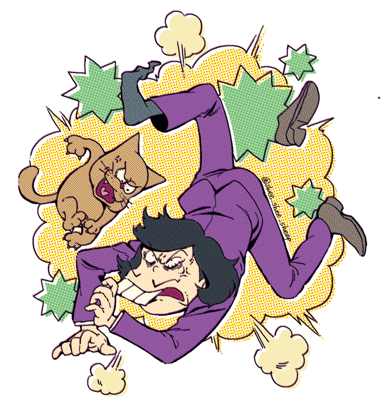 1boy, anger_vein, angry, black_hair, buck_teeth, cat, facial_hair, fight_cloud