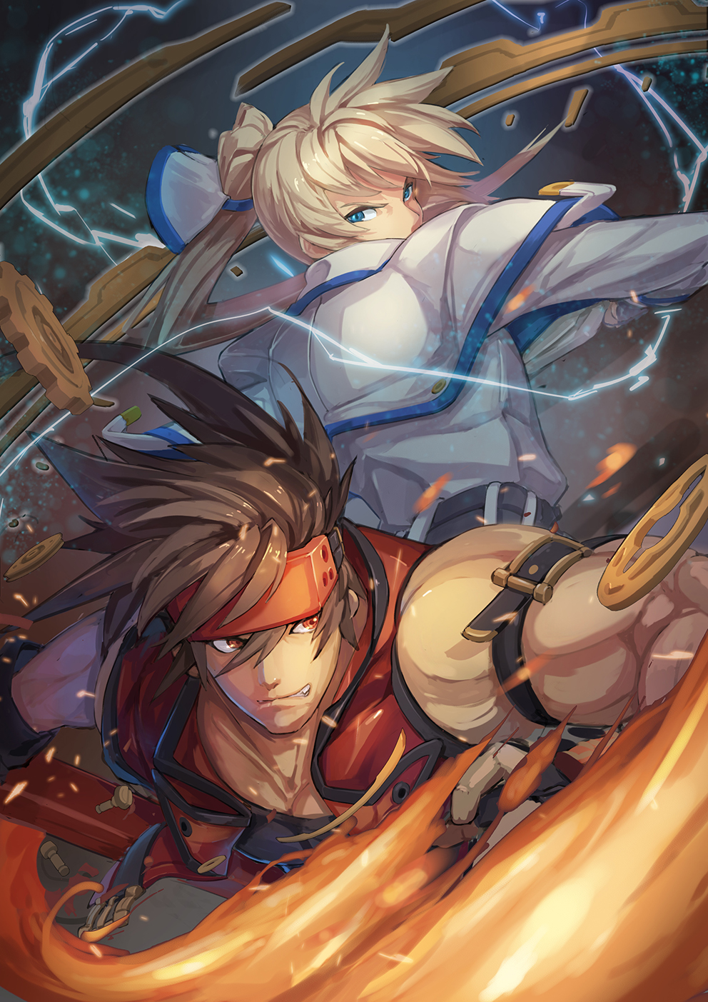2boys, back-to-back, blonde_hair, blue_eyes, brown_hair, capelet, electricity, fire
