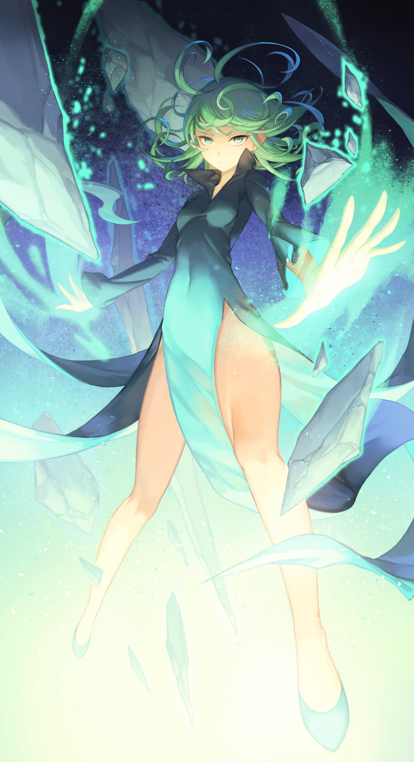 1girl, absurdres, black_dress, breasts, curly_hair, dress, green_eyes, green_hair