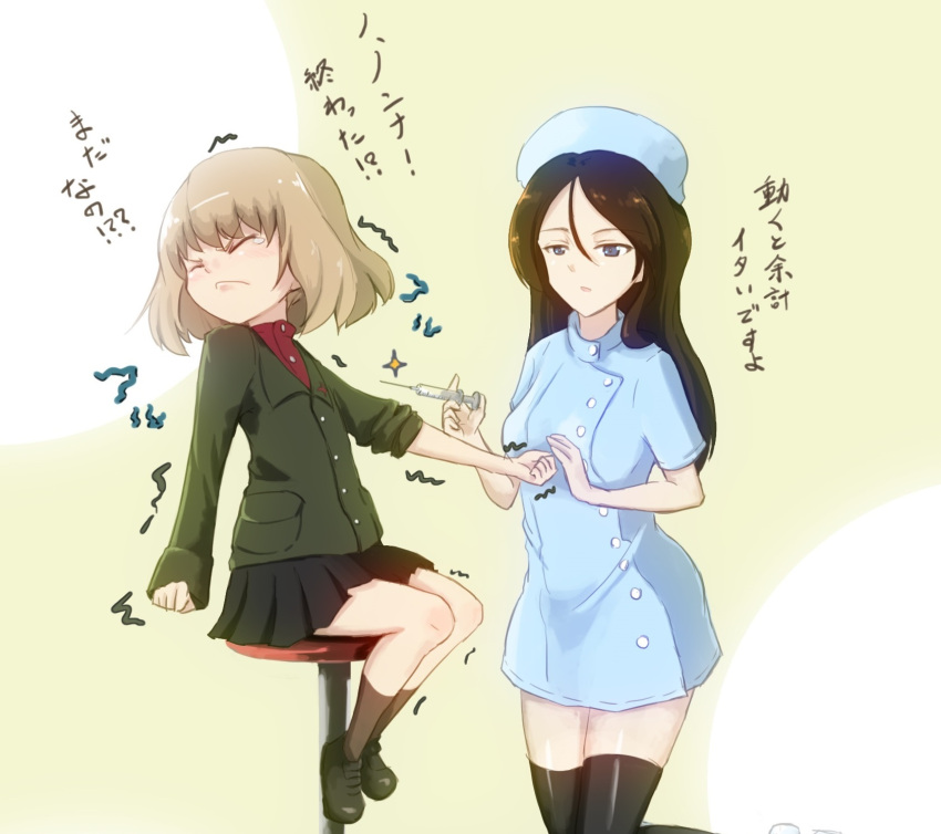 2girls, blonde_hair, blue_eyes, brown_hair, closed_eyes, commentary_request, girls_und_panzer, hat