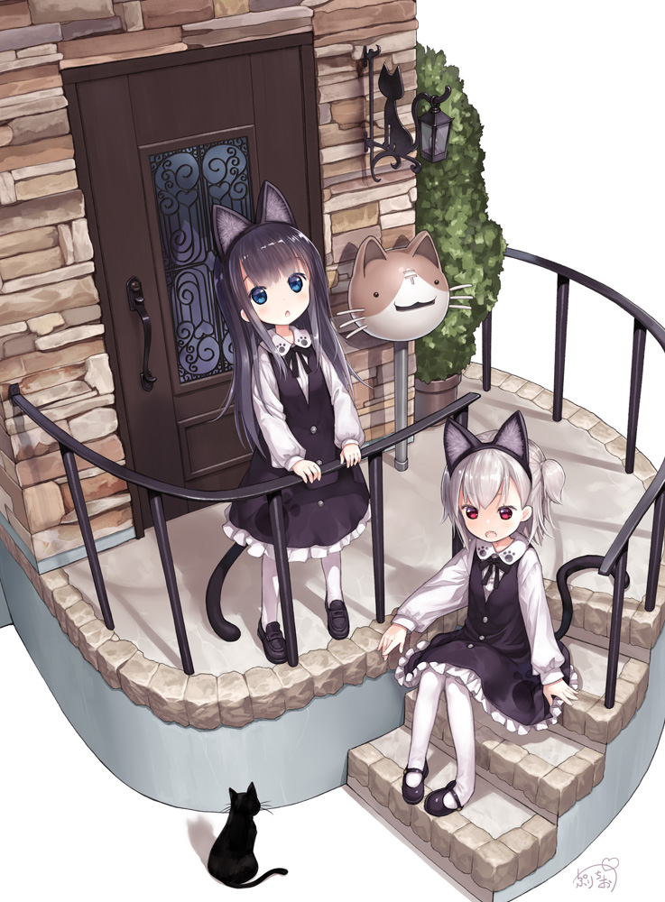 2girls, :o, animal_ears, black_cat, black_dress, black_hair, black_shoes, blue_eyes, blush, building, cat, cat_ears, cat_tail, door, dress, fang, fence, hibanar, kaburi_chiko, long_hair, long_sleeves, looking_at_viewer, mailbox, mary_janes, multiple_girls, ochi_ripca, open_mouth, original, pantyhose, paw_print, red_eyes, shoes, short_hair, short_twintails, simple_background, sitting, stairs, standing, tail, twintails, white_background, white_hair, white_legwear
