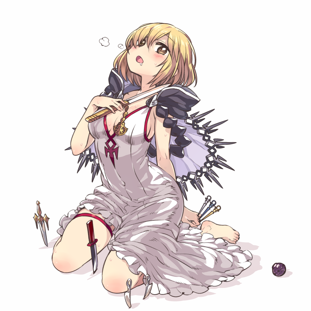 1girl, arm_behind_back, assassin_(granblue_fantasy), barefoot, blonde_hair, brown_eyes, cape, chan_co