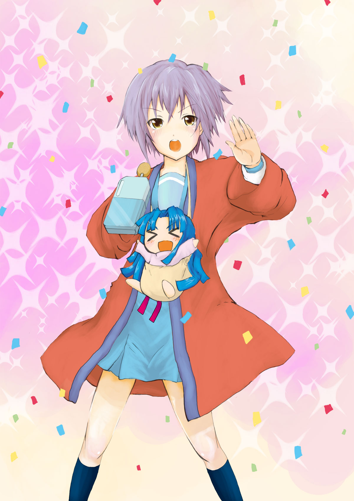 achakura, asakura_ryouko, brown_eyes, chibi, confetti, grey_hair, handheld_karaoke_player, highres