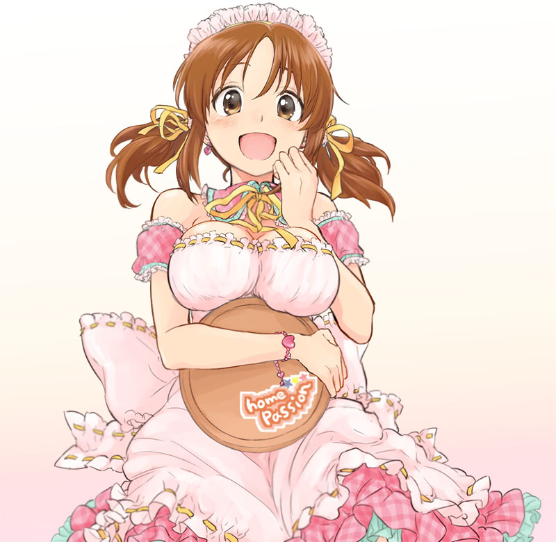1girl, :d, apron, arm_garter, bracelet, breasts, brown_eyes, brown_hair, bukiyama, dress, earrings, hair_ribbon, heart, heart_earrings, holding_tray, idolmaster, idolmaster_cinderella_girls, jewelry, large_breasts, long_hair, maid_headdress, open_mouth, plaid, ribbon, smile, solo, totoki_airi, tray, twintails