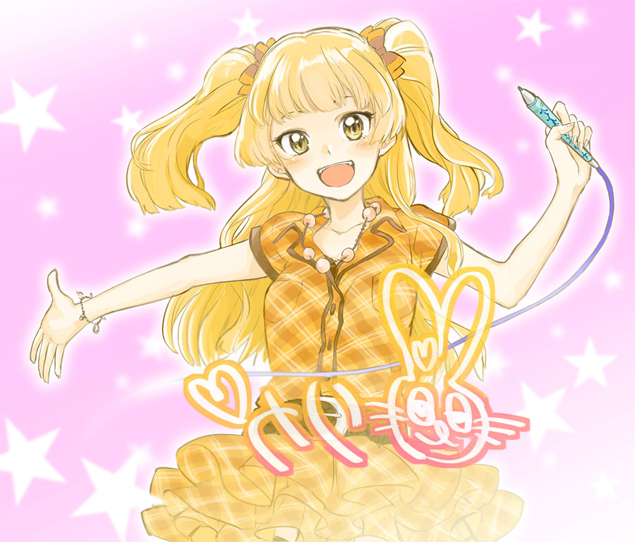 1girl, :d, blonde_hair, blush, bow, bracelet, bukiyama, green_eyes
