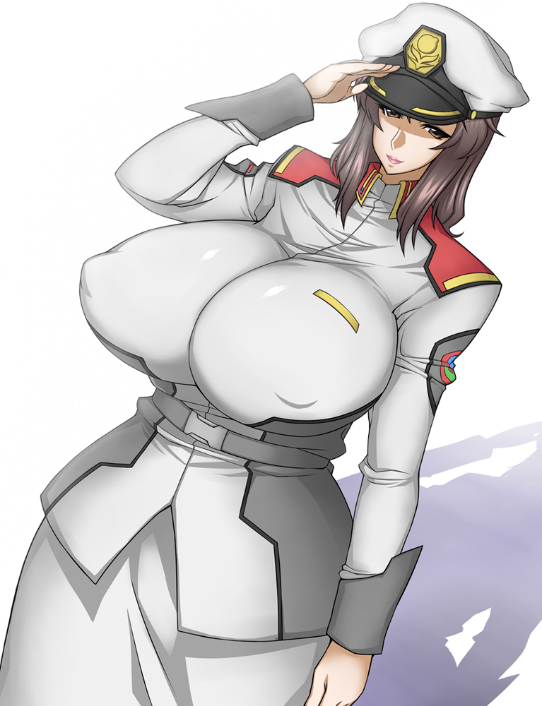 1girl, breasts, brown_eyes, brown_hair, curvy, gundam, gundam_seed, hat