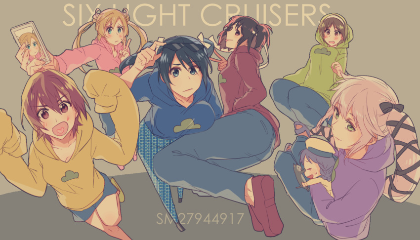 >_<, 6+girls, :o, abukuma_(kantai_collection), adjusting_sunglasses, alternate_costume, animal, ass, bangs, black_bow, black_ribbon, black_shoes, blonde_hair, blue_pants, blue_shorts, blush, bow, braid, breast_rest, breasts, brown_eyes, brown_hair, carrying, cat, cellphone, character_request, chibi, cleavage, closed_eyes, closed_mouth, cosplay, double_bun, flat_chest, flip-flops, frown, green_eyes, grey_background, hair_between_eyes, hair_ornament, hair_ribbon, hairband, hand_in_pocket, hands_up, hat, headband, heart, heart_in_mouth, holding, holding_phone, hood, hood_down, hoodie, isuzu_(kantai_collection), kantai_collection, large_breasts, long_hair, long_sleeves, looking_at_viewer, matsuno_choromatsu, matsuno_choromatsu_(cosplay), matsuno_ichimatsu, matsuno_ichimatsu_(cosplay), matsuno_juushimatsu, matsuno_juushimatsu_(cosplay), matsuno_karamatsu, matsuno_karamatsu_(cosplay), matsuno_osomatsu, matsuno_osomatsu_(cosplay), matsuno_todomatsu, matsuno_todomatsu_(cosplay), minigirl, multiple_girls, nagara_(kantai_collection), natori_(kantai_collection), one_side_up, osomatsu-san, pants, pants_rolled_up, parody, phone, pink_shoes, purple_hair, red_eyes, red_shoes, redhead, ribbon, sandals, self_shot, shoes, short_hair, shorts, side_ponytail, six_same_faces, sleeves_past_wrists, small_breasts, sparkle, sunglasses, sunglasses_on_head, sweatdrop, text, twintails, u_rei_3, v, white_ribbon, yura_(kantai_collection)