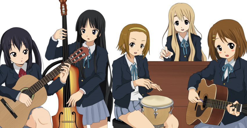 acoustic_guitar, akiyama_mio, bongo_drum, djembe, double_bass, drum, guitar, hirasawa_yui