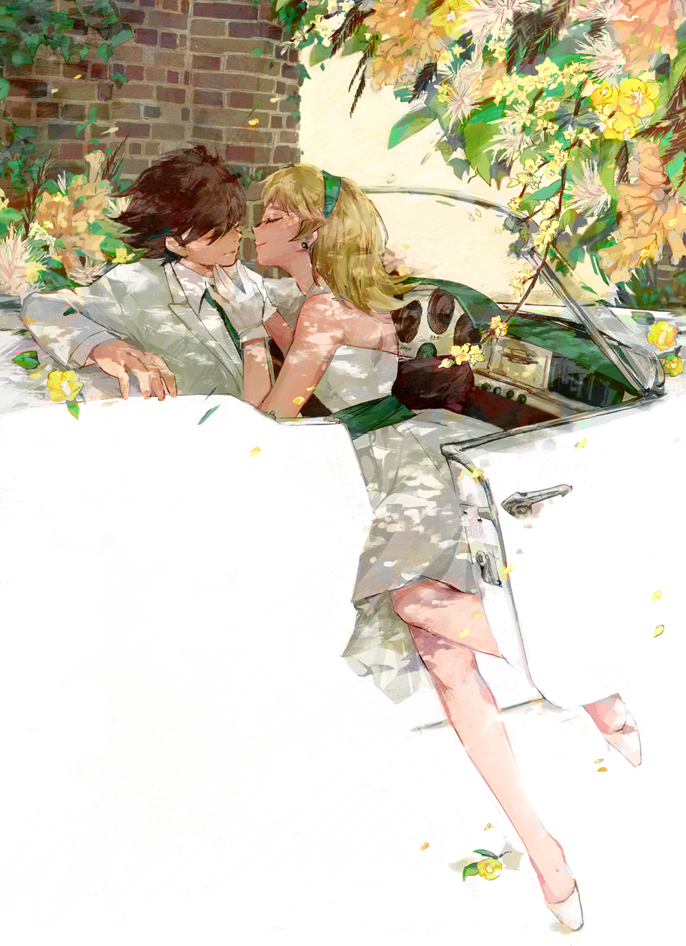 1boy, 1girl, blonde_hair, brown_hair, car, closed_eyes, couple, cyborg_009, dress, earrings, formal, francoise_arnoul, gloves, hairband, hetero, highres, incipient_kiss, jewelry, marina_(mrn9), motor_vehicle, necktie, shimamura_joe, short_hair, suit, vehicle