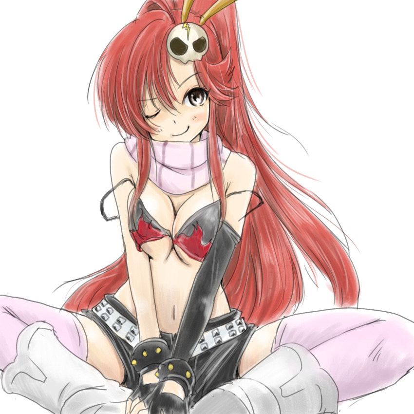 1girl, belt, bikini_top, breasts, cleavage, hair_ornament, highres, kuroneko_koubou, navel, off_shoulder, one_eye_closed, pink_legwear, redhead, scarf, sitting, skull_hair_ornament, smile, solo, studded_belt, studded_bracelet, tengen_toppa_gurren_lagann, thigh-highs, yoko_littner