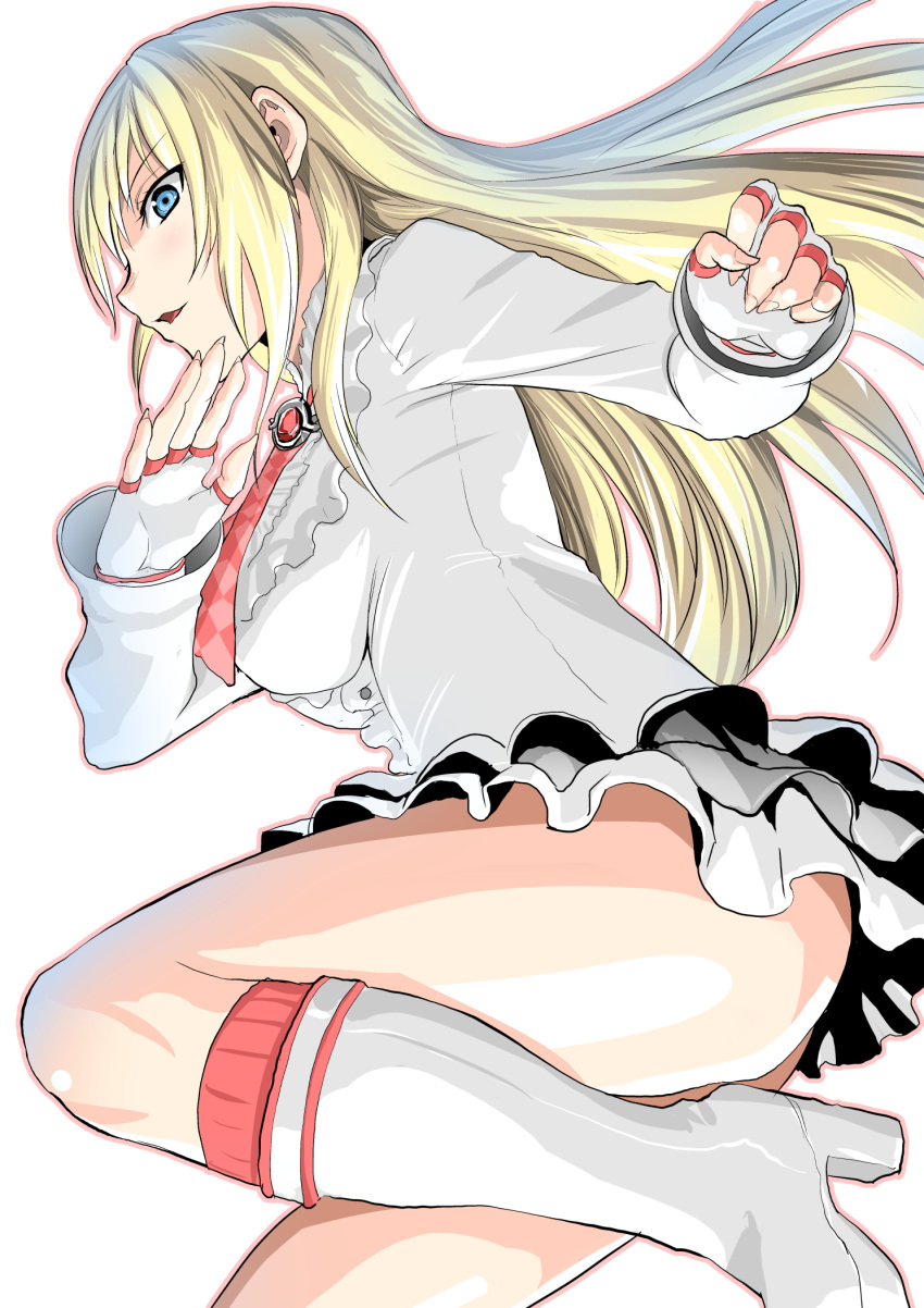 1girl, blonde_hair, blue_eyes, boots, checkered, clash_kuro_neko, emilie_de_rochefort, fingerless_gloves