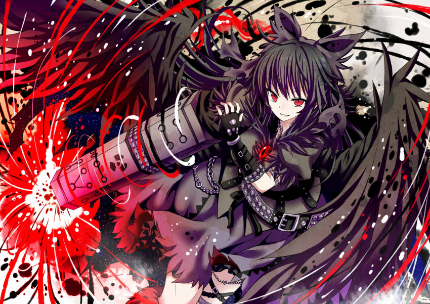 1girl, adapted_costume, alternate_color, alternate_weapon, arm_cannon, belt, bird_wings, black_hair