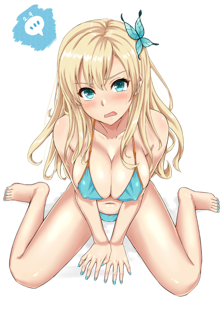 1girl, barefoot, bikini, blonde_hair, blush, boku_wa_tomodachi_ga_sukunai, breasts, butterfly